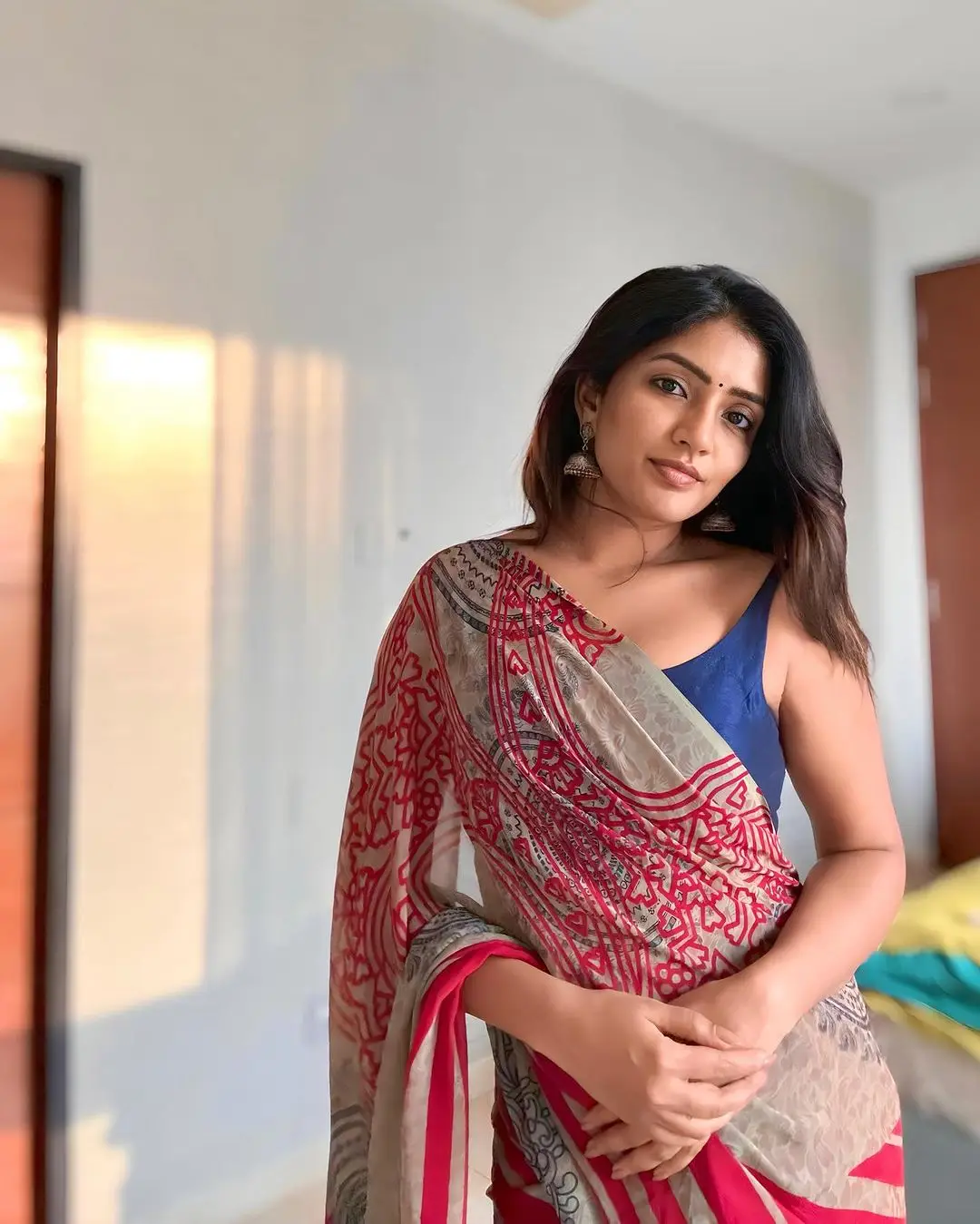 Mumbai Girl Indian Eesha Rebba in Blue Saree Sleeveless Blouse